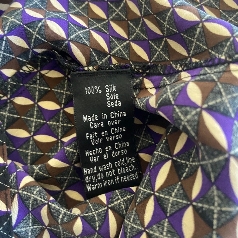 Halston Lifestyle Womens 14 Purple Brown Geometric 100% Silk Button Front Blouse - Picture 5 of 8